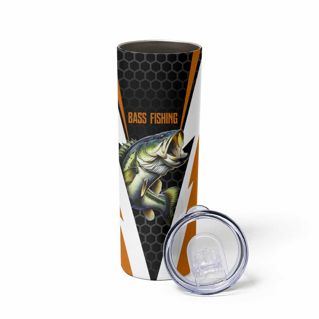 Bass Fishing Skinny Tumbler Jumping Largemouth Fish on Black Hex Pattern and Orange White Lightning Accents - Wonder Print Shop