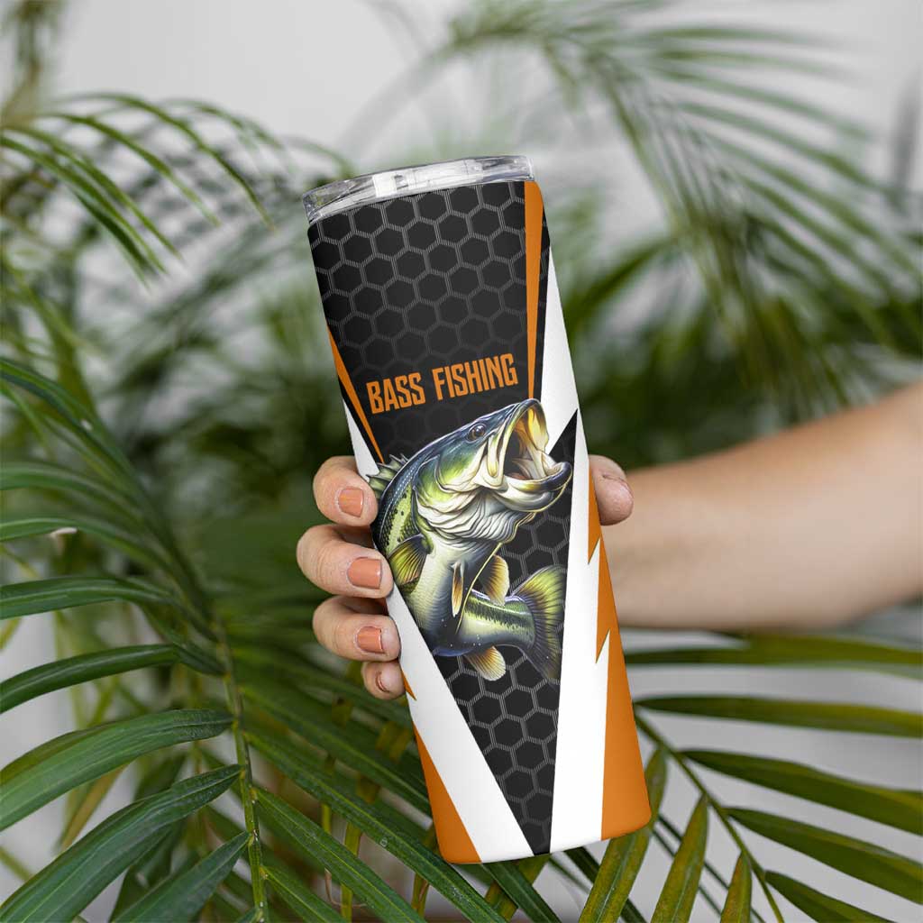 Bass Fishing Skinny Tumbler Jumping Largemouth Fish on Black Hex Pattern and Orange White Lightning Accents - Wonder Print Shop