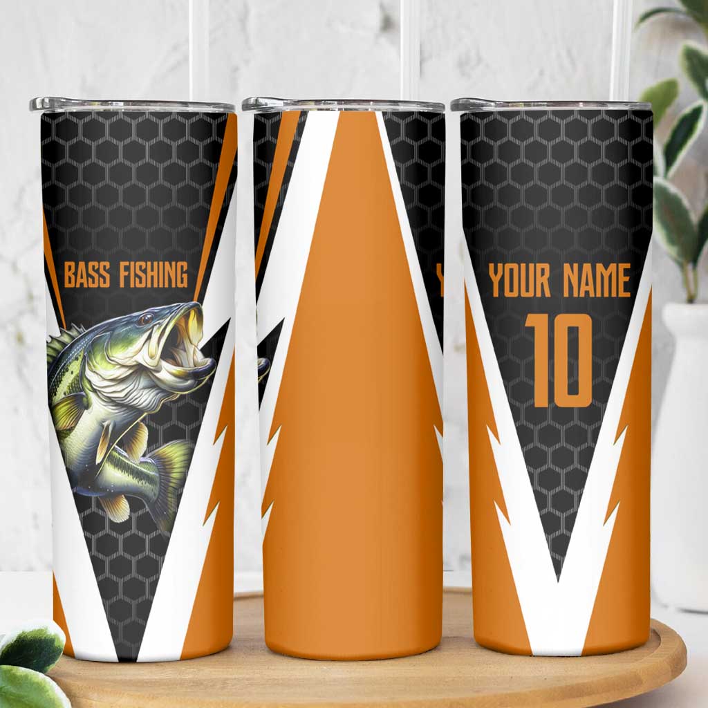 Bass Fishing Skinny Tumbler Jumping Largemouth Fish on Black Hex Pattern and Orange White Lightning Accents - Wonder Print Shop