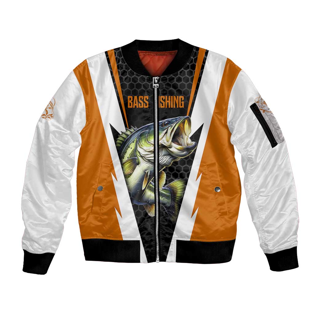 Bass Fishing Sleeve Zip Bomber Jacket Jumping Largemouth Fish on Black Hex Pattern and Orange White Lightning Accents - Wonder Print Shop