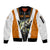 Bass Fishing Sleeve Zip Bomber Jacket Jumping Largemouth Fish on Black Hex Pattern and Orange White Lightning Accents - Wonder Print Shop