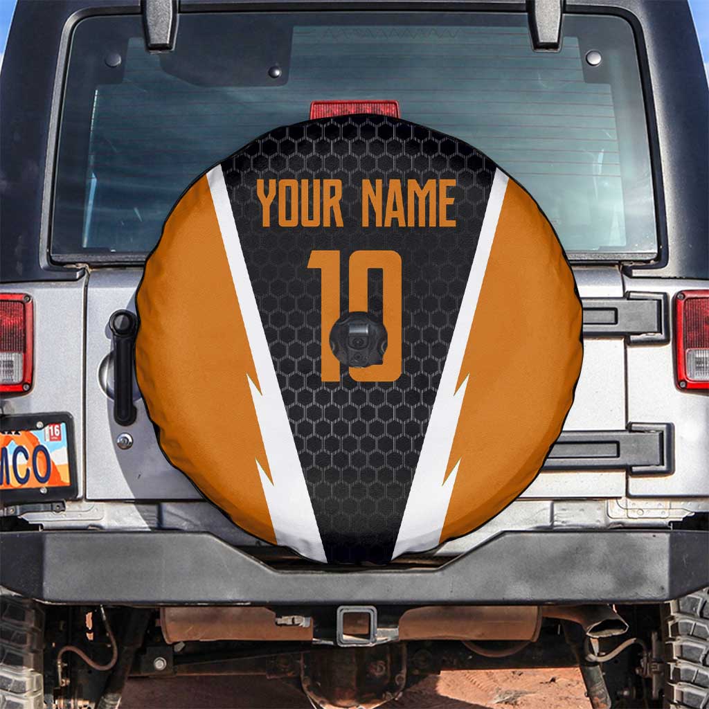 Bass Fishing Spare Tire Cover Jumping Largemouth Fish on Black Hex Pattern and Orange White Lightning Accents - Wonder Print Shop