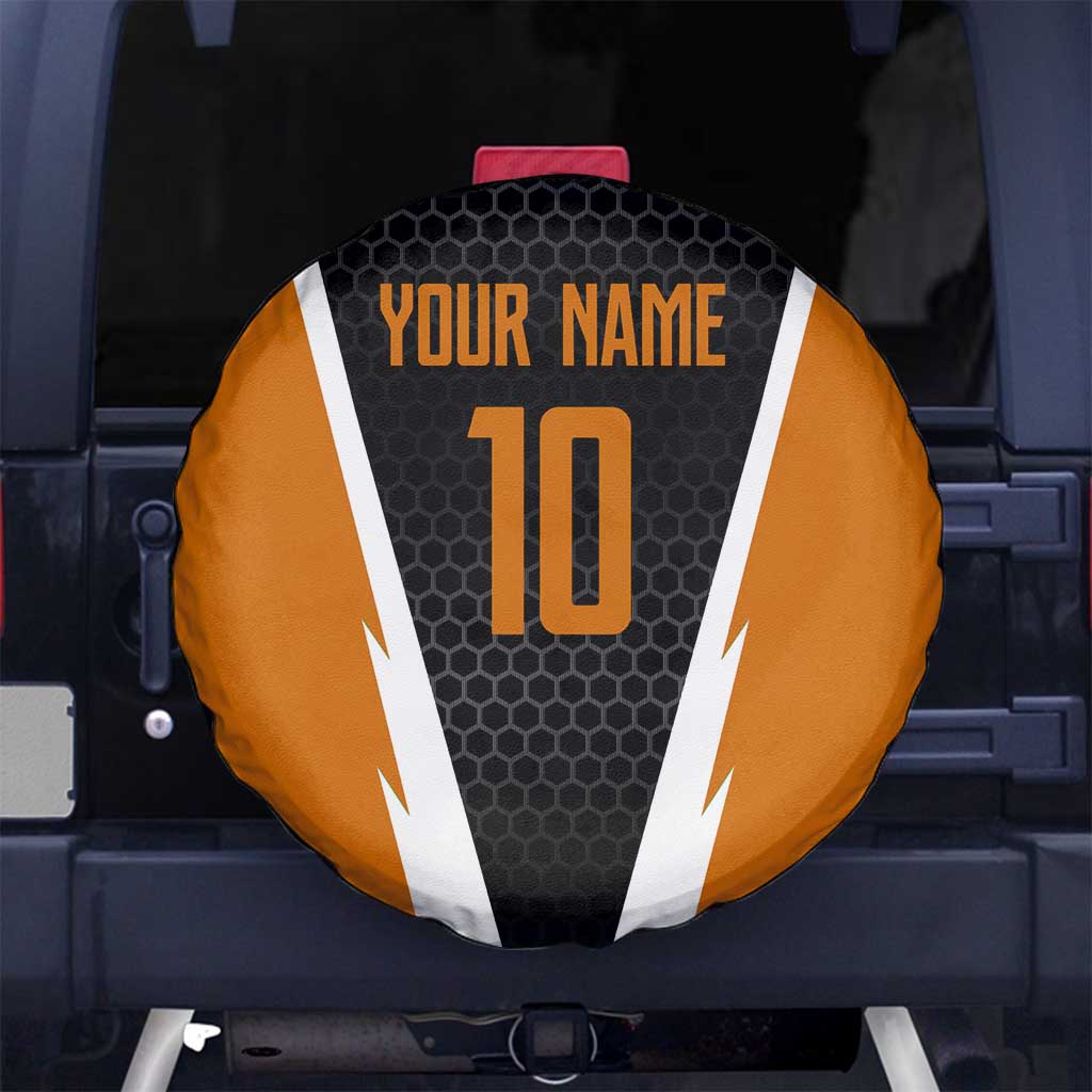 Bass Fishing Spare Tire Cover Jumping Largemouth Fish on Black Hex Pattern and Orange White Lightning Accents - Wonder Print Shop