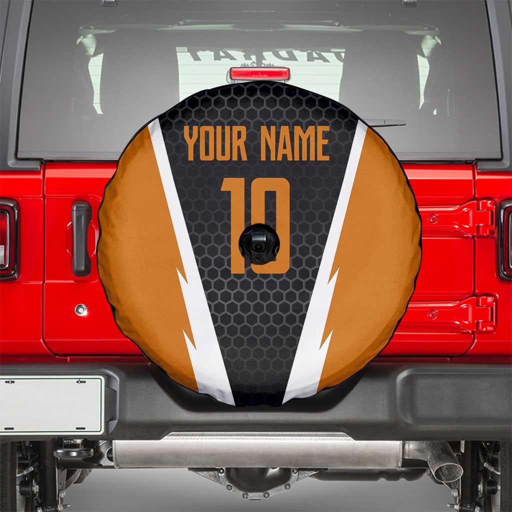 Bass Fishing Spare Tire Cover Jumping Largemouth Fish on Black Hex Pattern and Orange White Lightning Accents - Wonder Print Shop