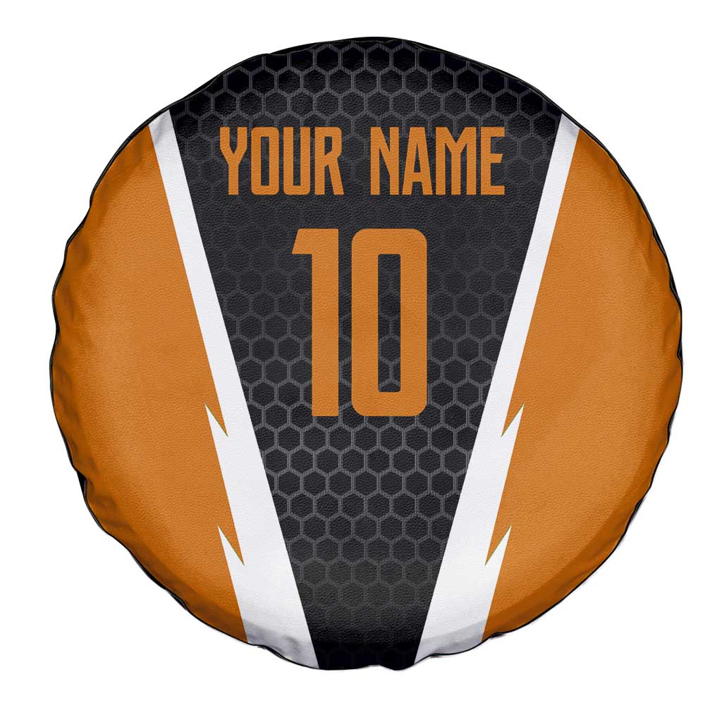 Bass Fishing Spare Tire Cover Jumping Largemouth Fish on Black Hex Pattern and Orange White Lightning Accents - Wonder Print Shop