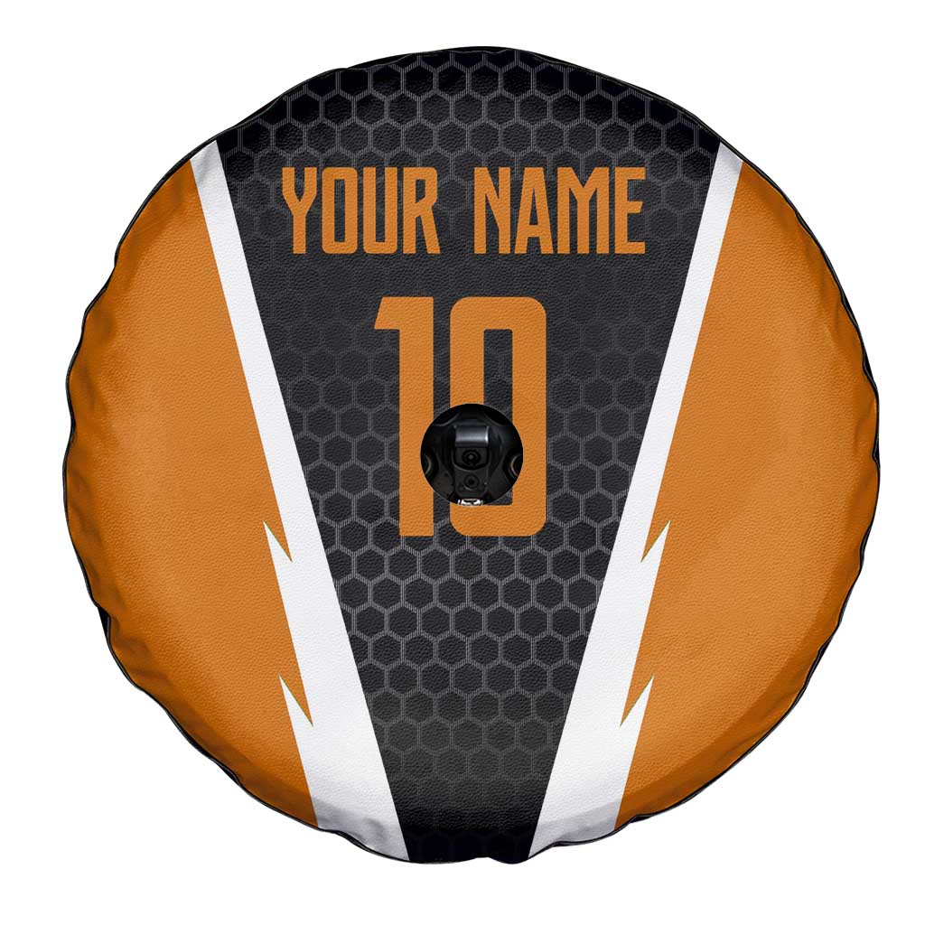 Bass Fishing Spare Tire Cover Jumping Largemouth Fish on Black Hex Pattern and Orange White Lightning Accents - Wonder Print Shop