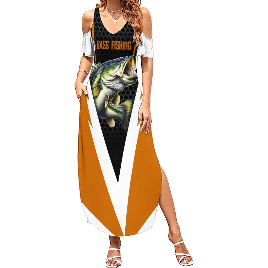 Bass Fishing Summer Maxi Dress Jumping Largemouth Fish on Black Hex Pattern and Orange White Lightning Accents - Wonder Print Shop