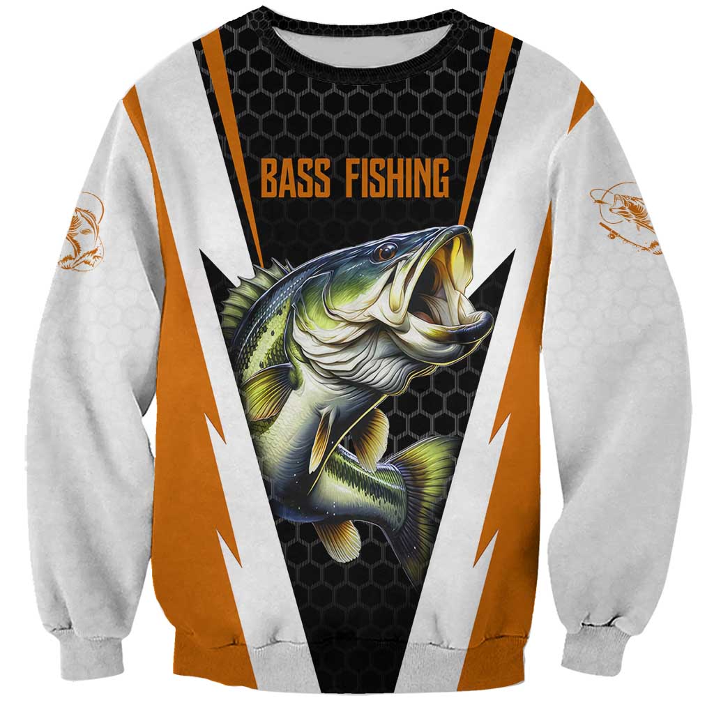 Bass Fishing Sweatshirt Jumping Largemouth Fish on Black Hex Pattern and Orange White Lightning Accents - Wonder Print Shop