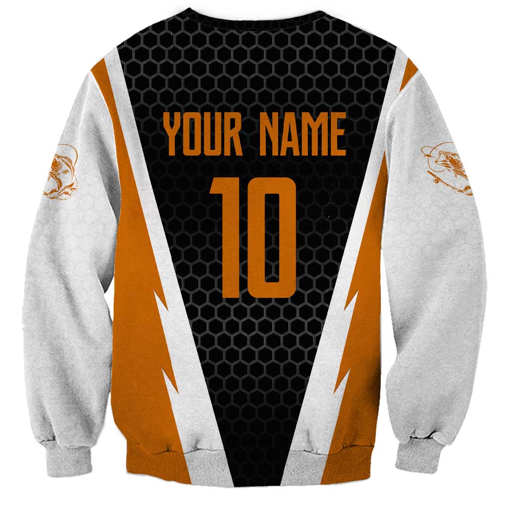 Bass Fishing Sweatshirt Jumping Largemouth Fish on Black Hex Pattern and Orange White Lightning Accents - Wonder Print Shop