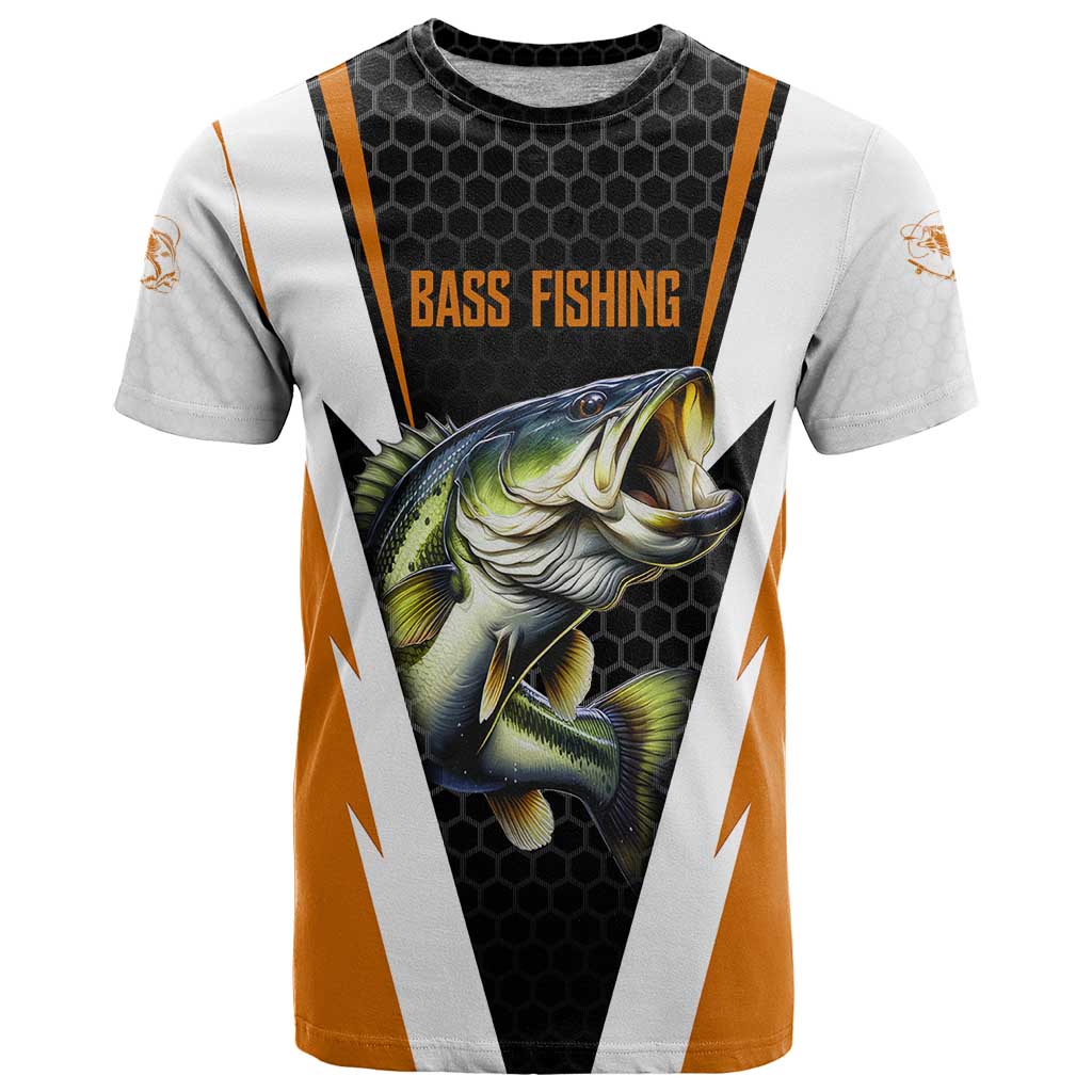 Bass Fishing T Shirt Jumping Largemouth Fish on Black Hex Pattern and Orange White Lightning Accents - Wonder Print Shop