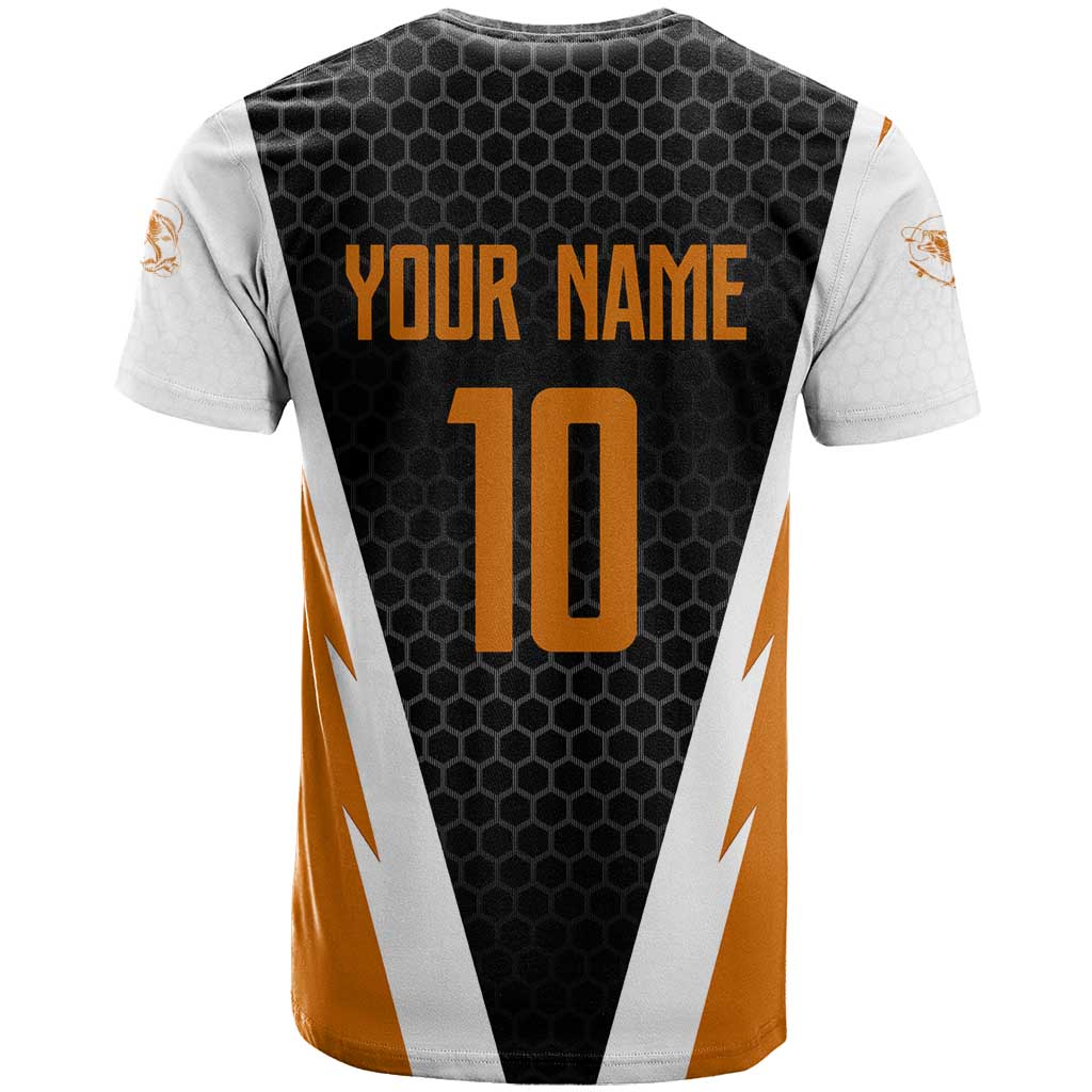 Bass Fishing T Shirt Jumping Largemouth Fish on Black Hex Pattern and Orange White Lightning Accents - Wonder Print Shop