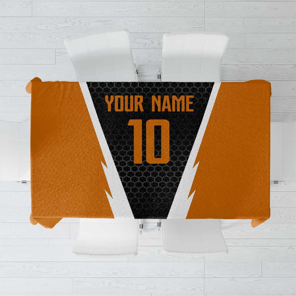 Bass Fishing Tablecloth Jumping Largemouth Fish on Black Hex Pattern and Orange White Lightning Accents - Wonder Print Shop