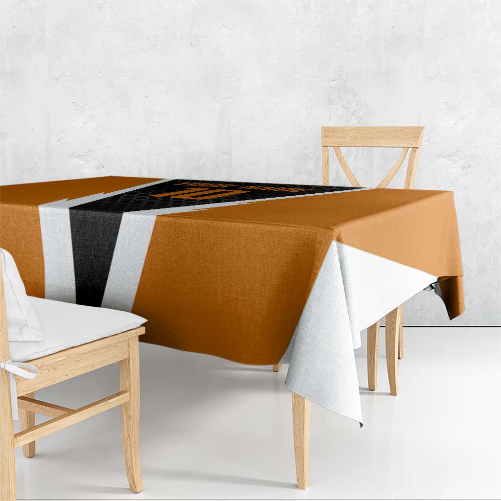 Bass Fishing Tablecloth Jumping Largemouth Fish on Black Hex Pattern and Orange White Lightning Accents - Wonder Print Shop