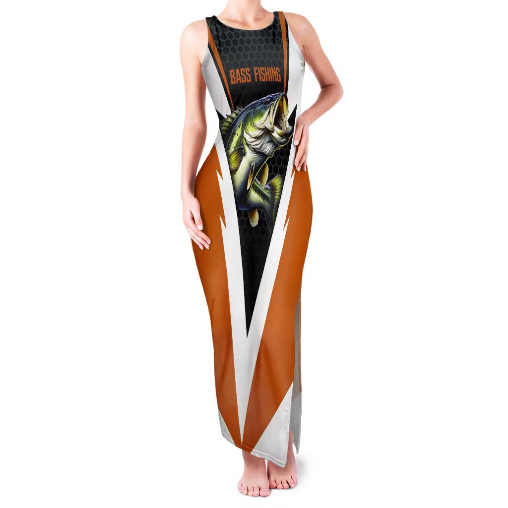 Bass Fishing Tank Maxi Dress Jumping Largemouth Fish on Black Hex Pattern and Orange White Lightning Accents - Wonder Print Shop