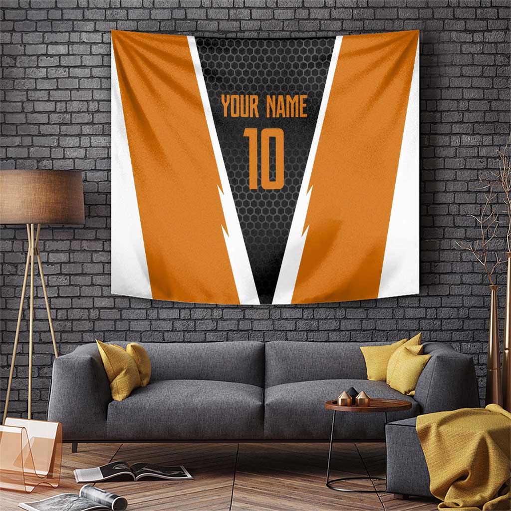 Bass Fishing Tapestry Jumping Largemouth Fish on Black Hex Pattern and Orange White Lightning Accents - Wonder Print Shop