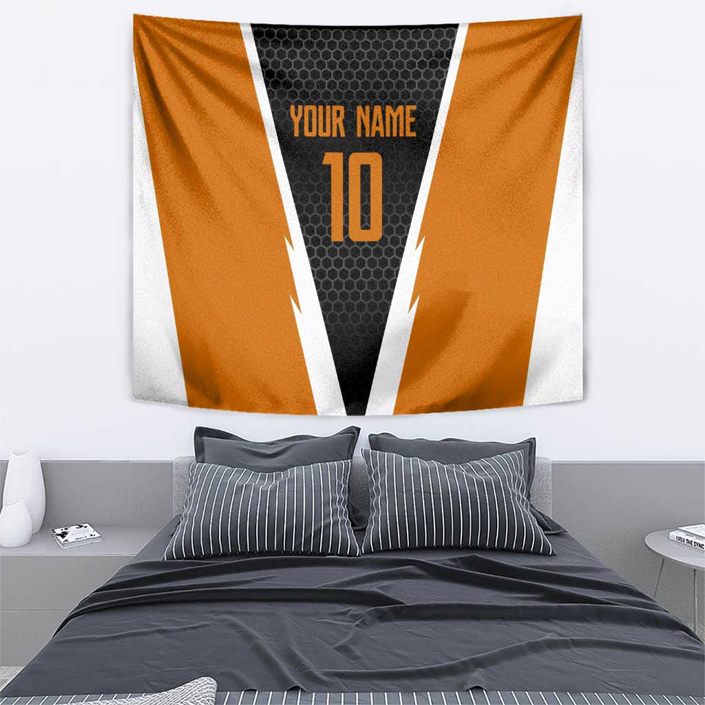 Bass Fishing Tapestry Jumping Largemouth Fish on Black Hex Pattern and Orange White Lightning Accents - Wonder Print Shop