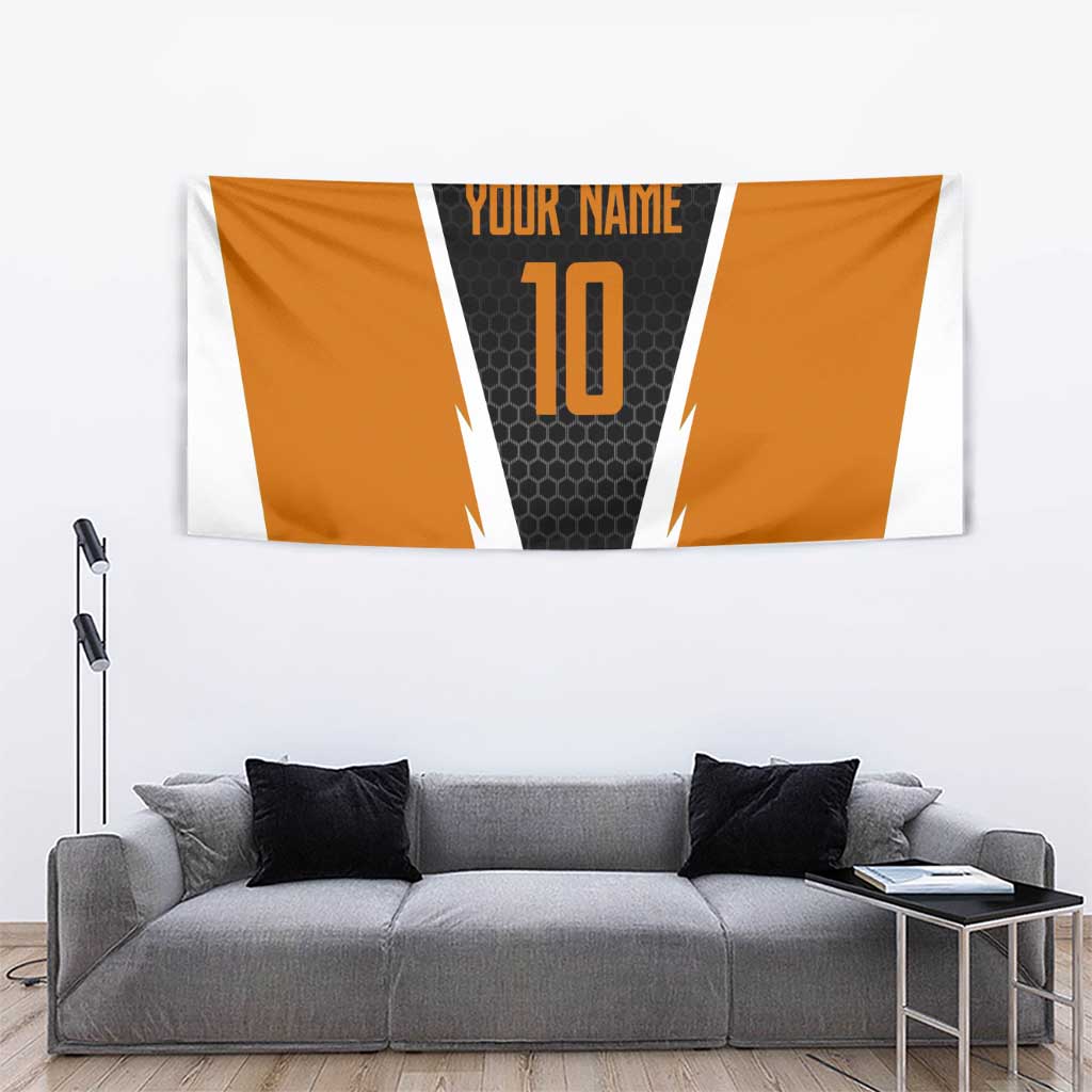 Bass Fishing Tapestry Jumping Largemouth Fish on Black Hex Pattern and Orange White Lightning Accents - Wonder Print Shop