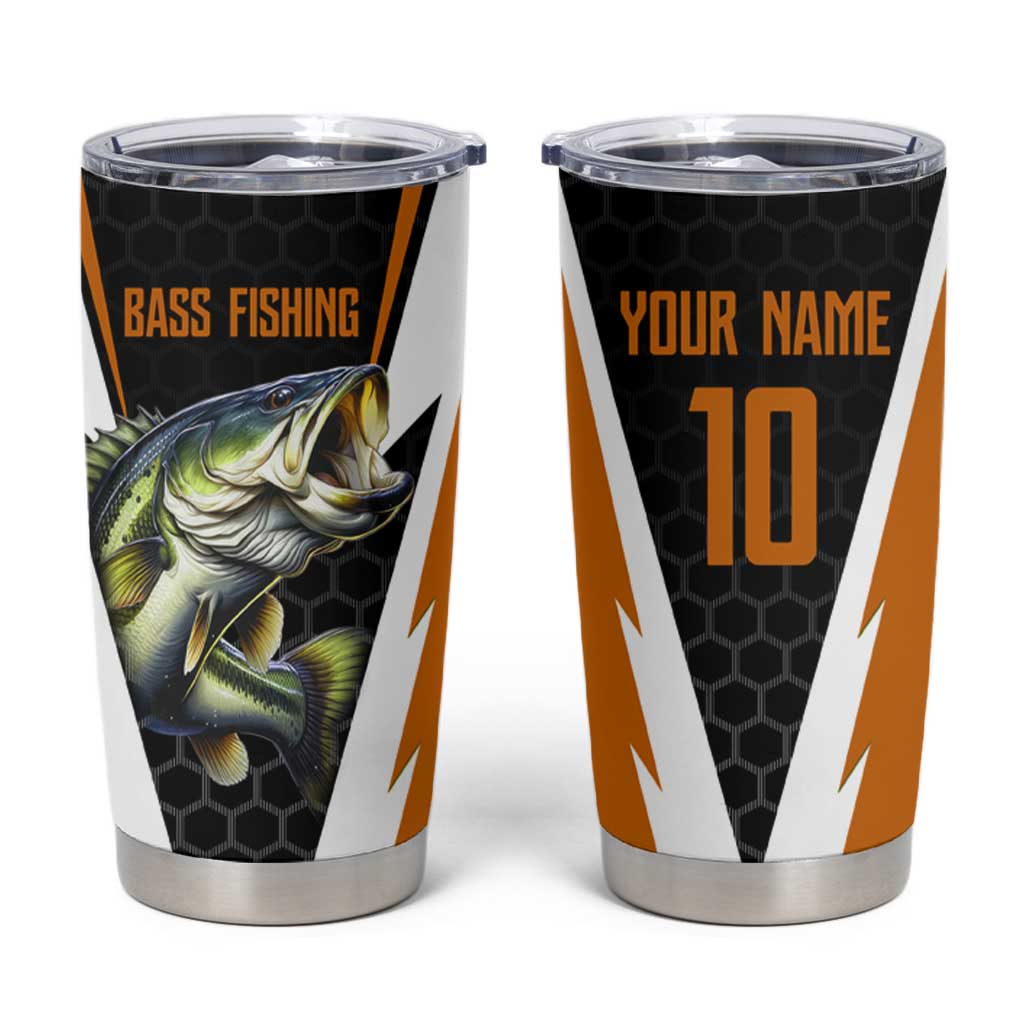 Bass Fishing Tumbler Cup Jumping Largemouth Fish on Black Hex Pattern and Orange White Lightning Accents - Wonder Print Shop