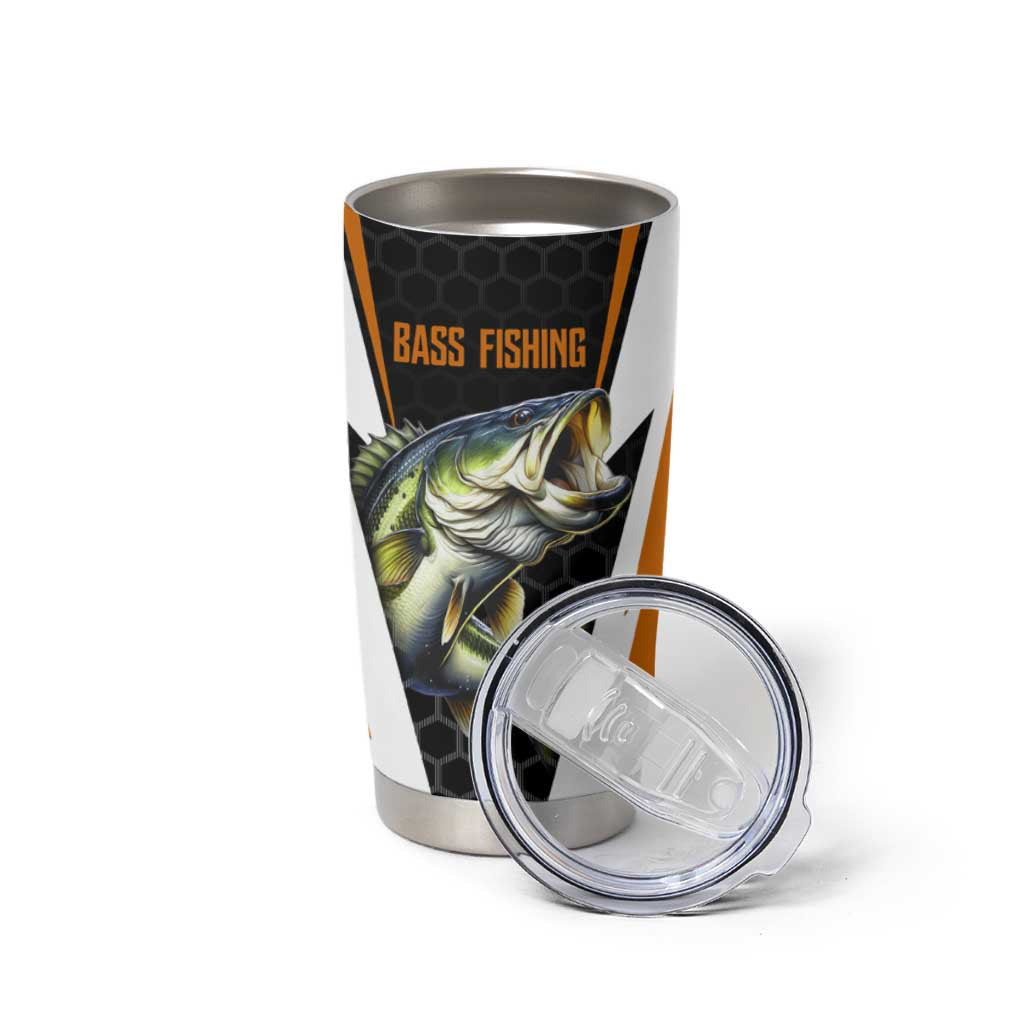 Bass Fishing Tumbler Cup Jumping Largemouth Fish on Black Hex Pattern and Orange White Lightning Accents - Wonder Print Shop