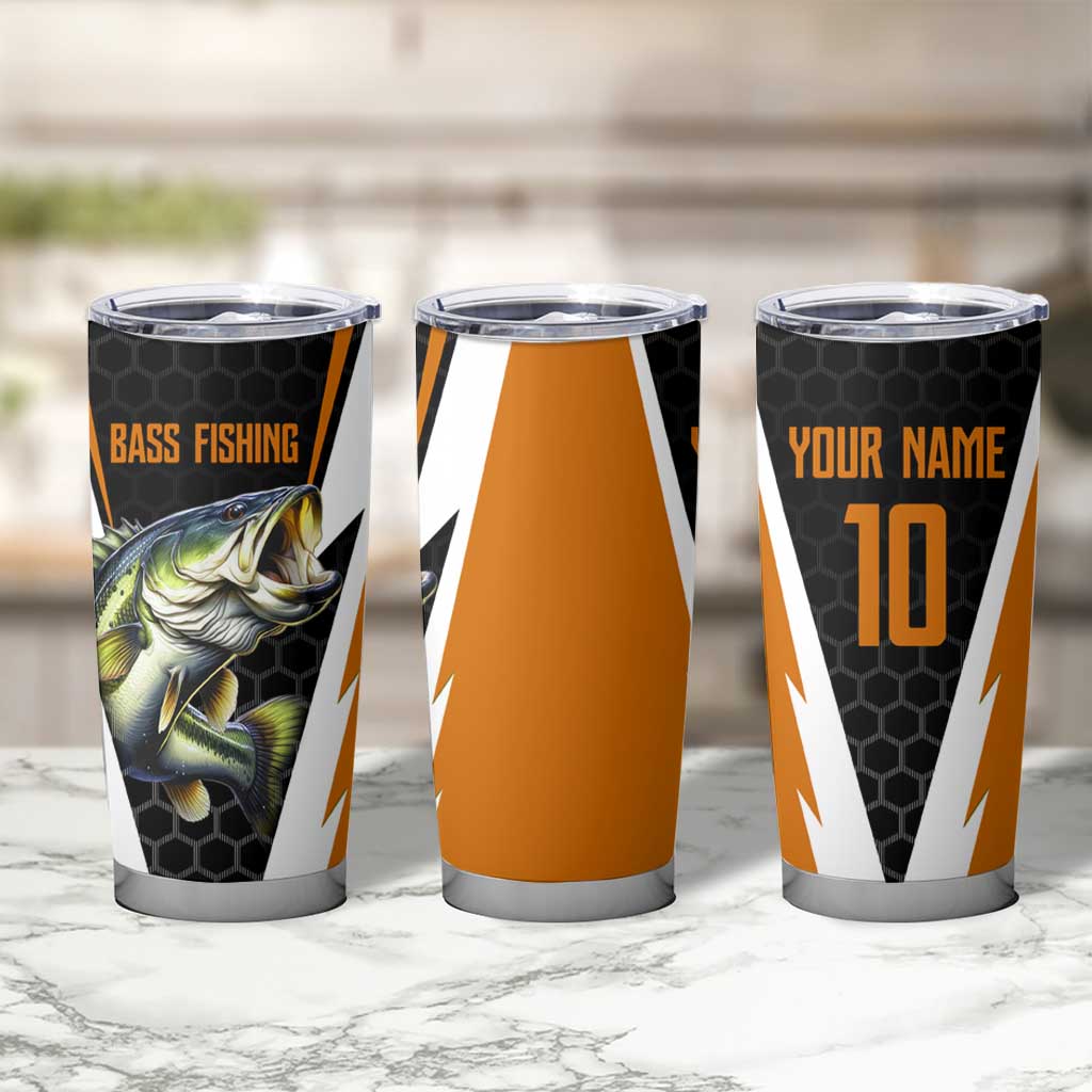Bass Fishing Tumbler Cup Jumping Largemouth Fish on Black Hex Pattern and Orange White Lightning Accents - Wonder Print Shop