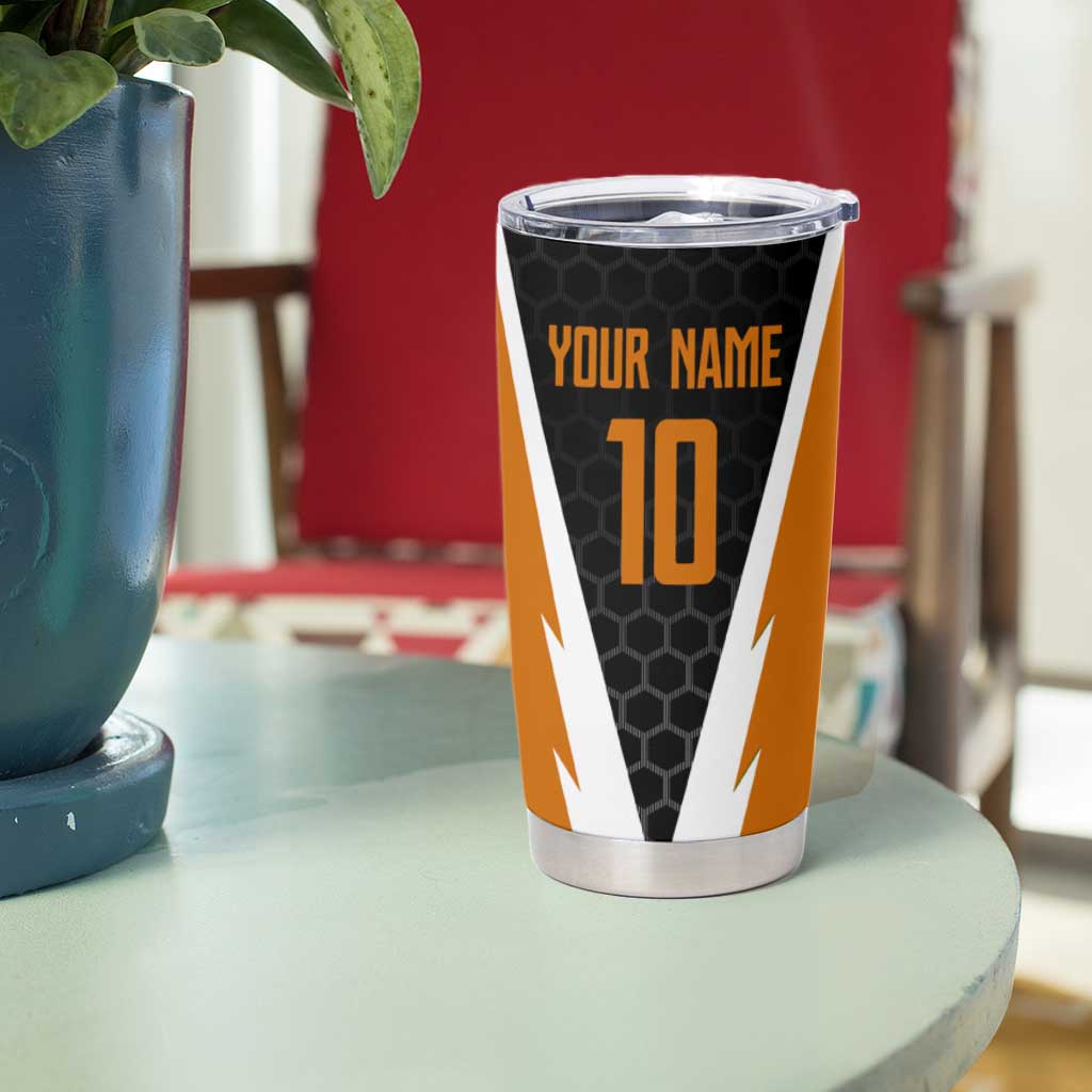 Bass Fishing Tumbler Cup Jumping Largemouth Fish on Black Hex Pattern and Orange White Lightning Accents - Wonder Print Shop