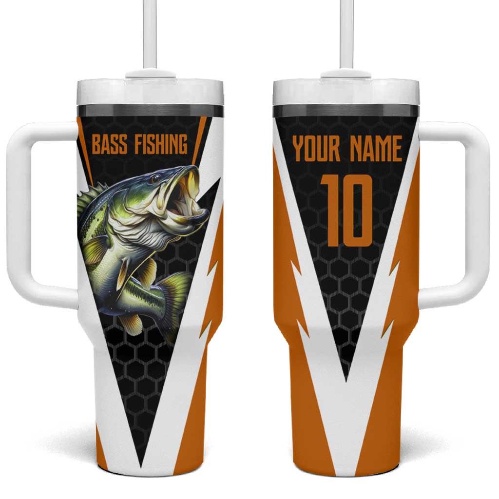 Bass Fishing Tumbler With Handle Jumping Largemouth Fish on Black Hex Pattern and Orange White Lightning Accents - Wonder Print Shop