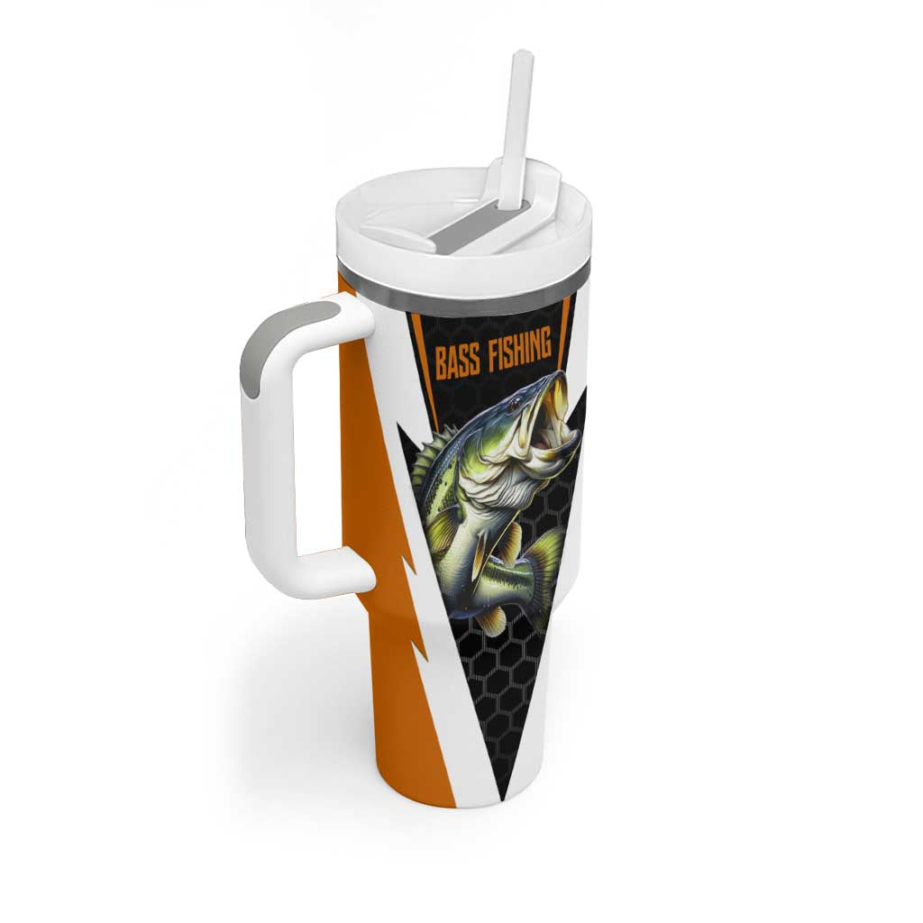Bass Fishing Tumbler With Handle Jumping Largemouth Fish on Black Hex Pattern and Orange White Lightning Accents - Wonder Print Shop