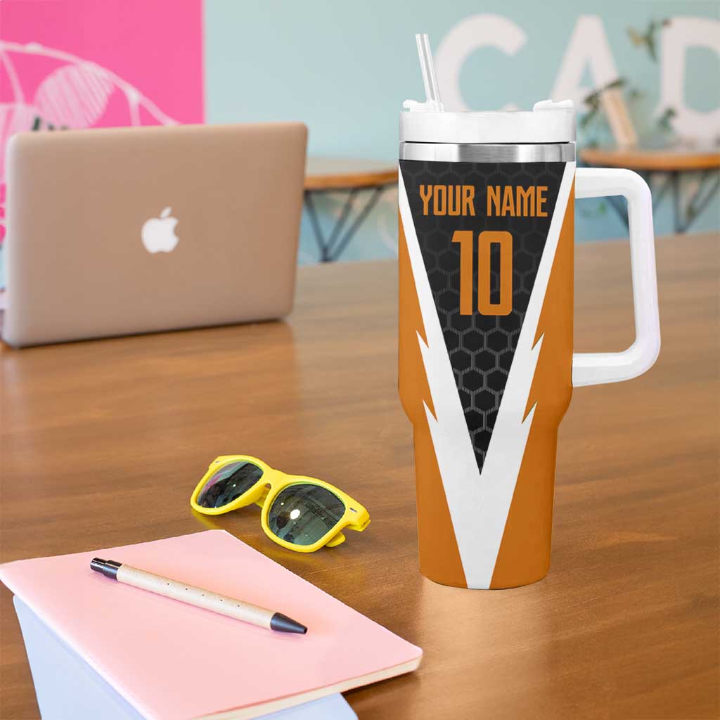 Bass Fishing Tumbler With Handle Jumping Largemouth Fish on Black Hex Pattern and Orange White Lightning Accents - Wonder Print Shop