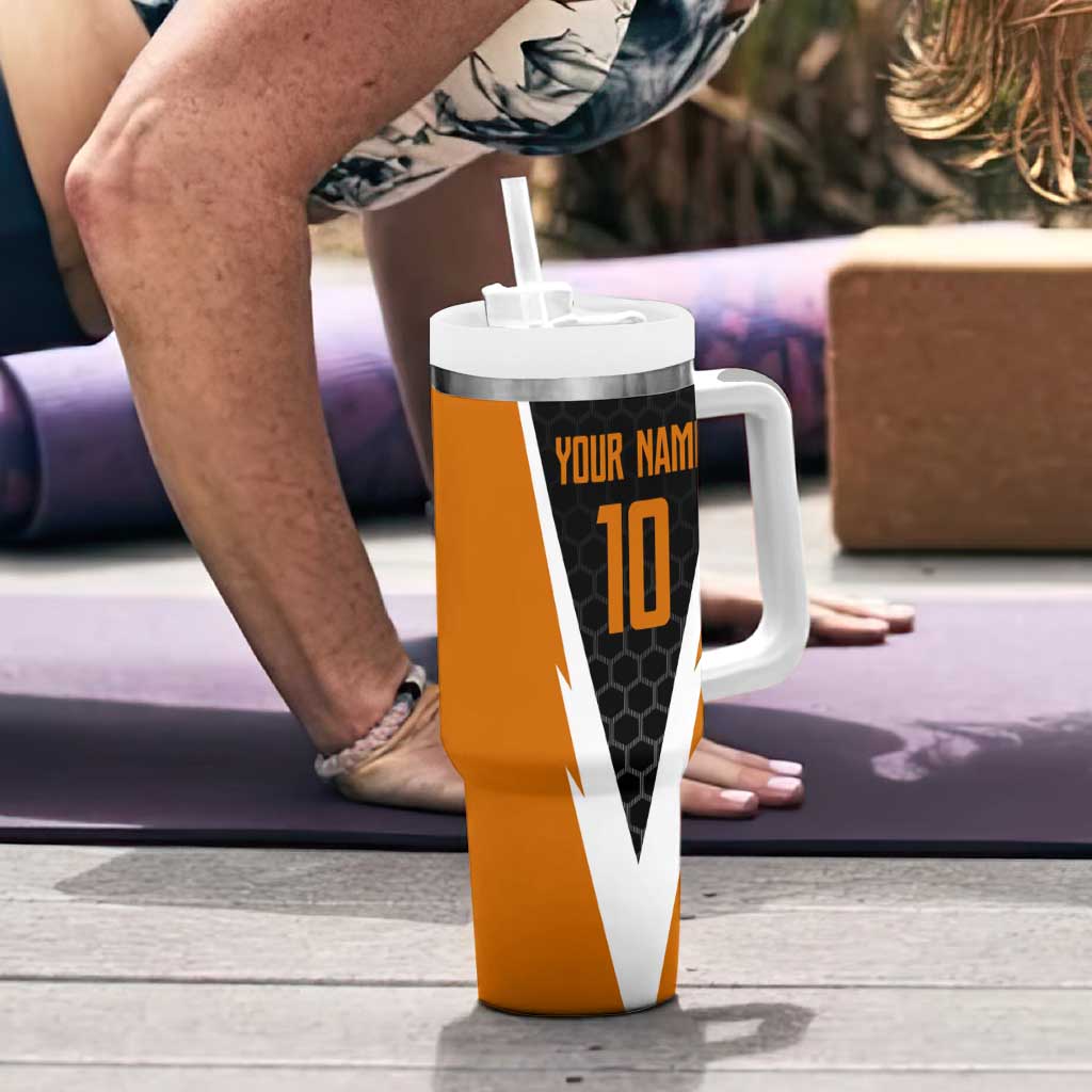 Bass Fishing Tumbler With Handle Jumping Largemouth Fish on Black Hex Pattern and Orange White Lightning Accents - Wonder Print Shop