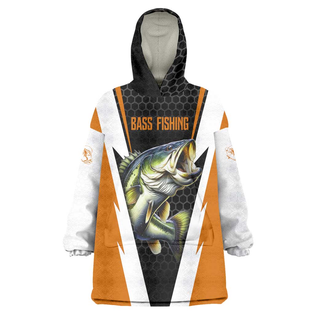 Bass Fishing Wearable Blanket Hoodie Jumping Largemouth Fish on Black Hex Pattern and Orange White Lightning Accents - Wonder Print Shop