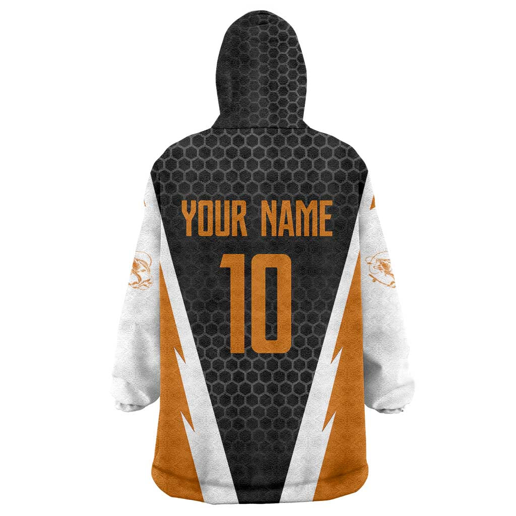 Bass Fishing Wearable Blanket Hoodie Jumping Largemouth Fish on Black Hex Pattern and Orange White Lightning Accents - Wonder Print Shop