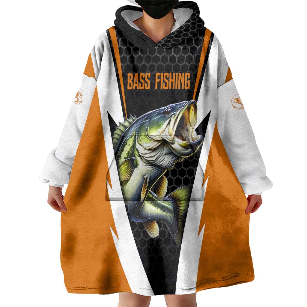 Bass Fishing Wearable Blanket Hoodie Jumping Largemouth Fish on Black Hex Pattern and Orange White Lightning Accents - Wonder Print Shop
