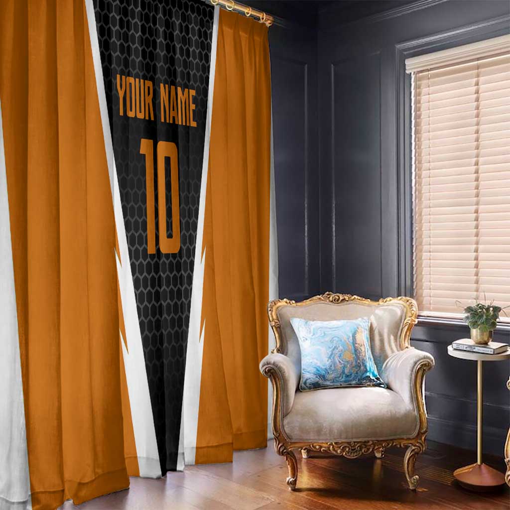 Bass Fishing Window Curtain Jumping Largemouth Fish on Black Hex Pattern and Orange White Lightning Accents - Wonder Print Shop