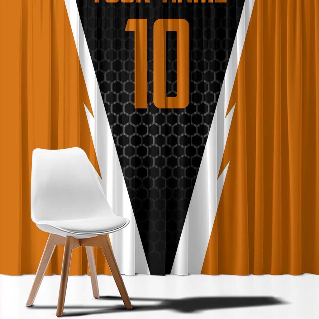 Bass Fishing Window Curtain Jumping Largemouth Fish on Black Hex Pattern and Orange White Lightning Accents - Wonder Print Shop