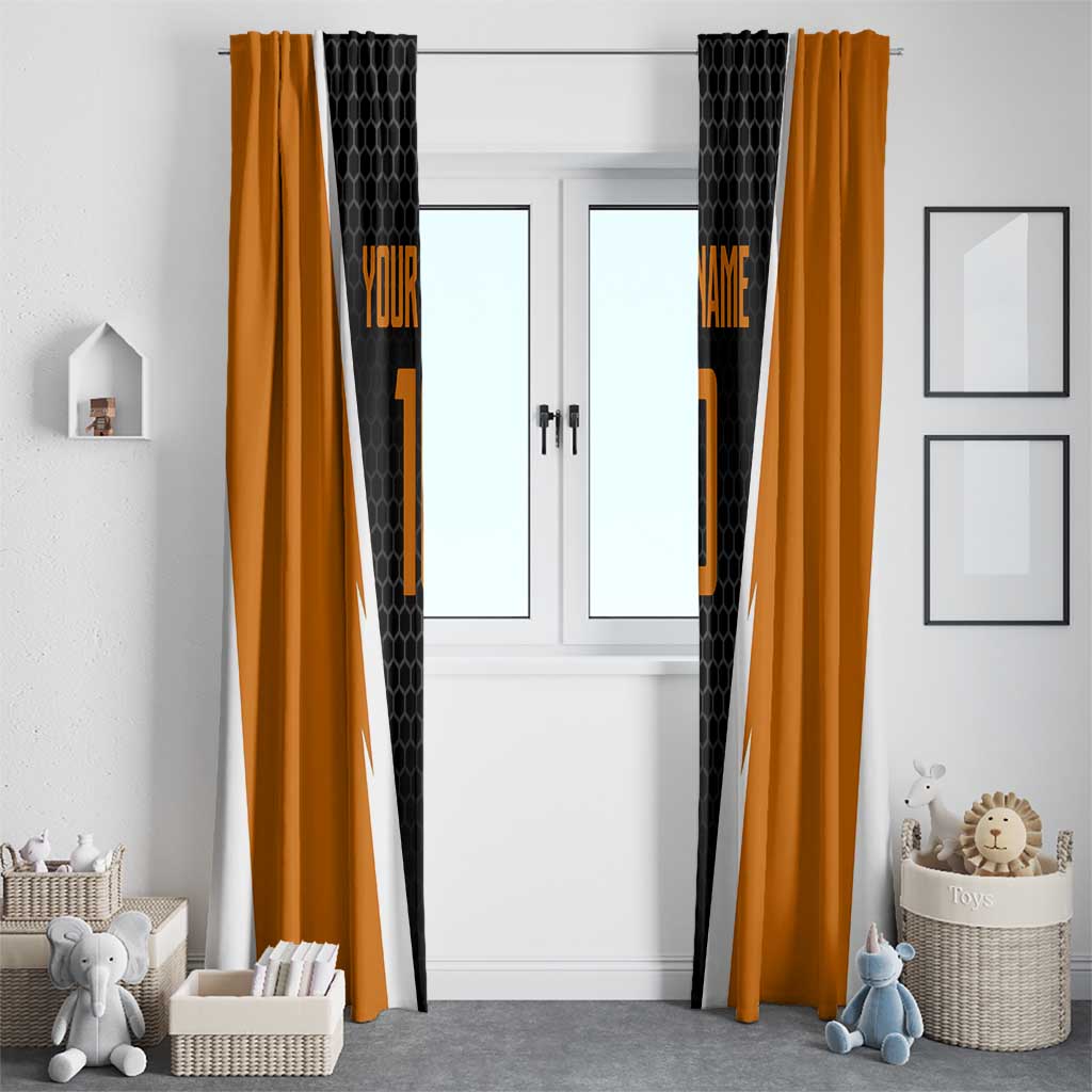 Bass Fishing Window Curtain Jumping Largemouth Fish on Black Hex Pattern and Orange White Lightning Accents - Wonder Print Shop