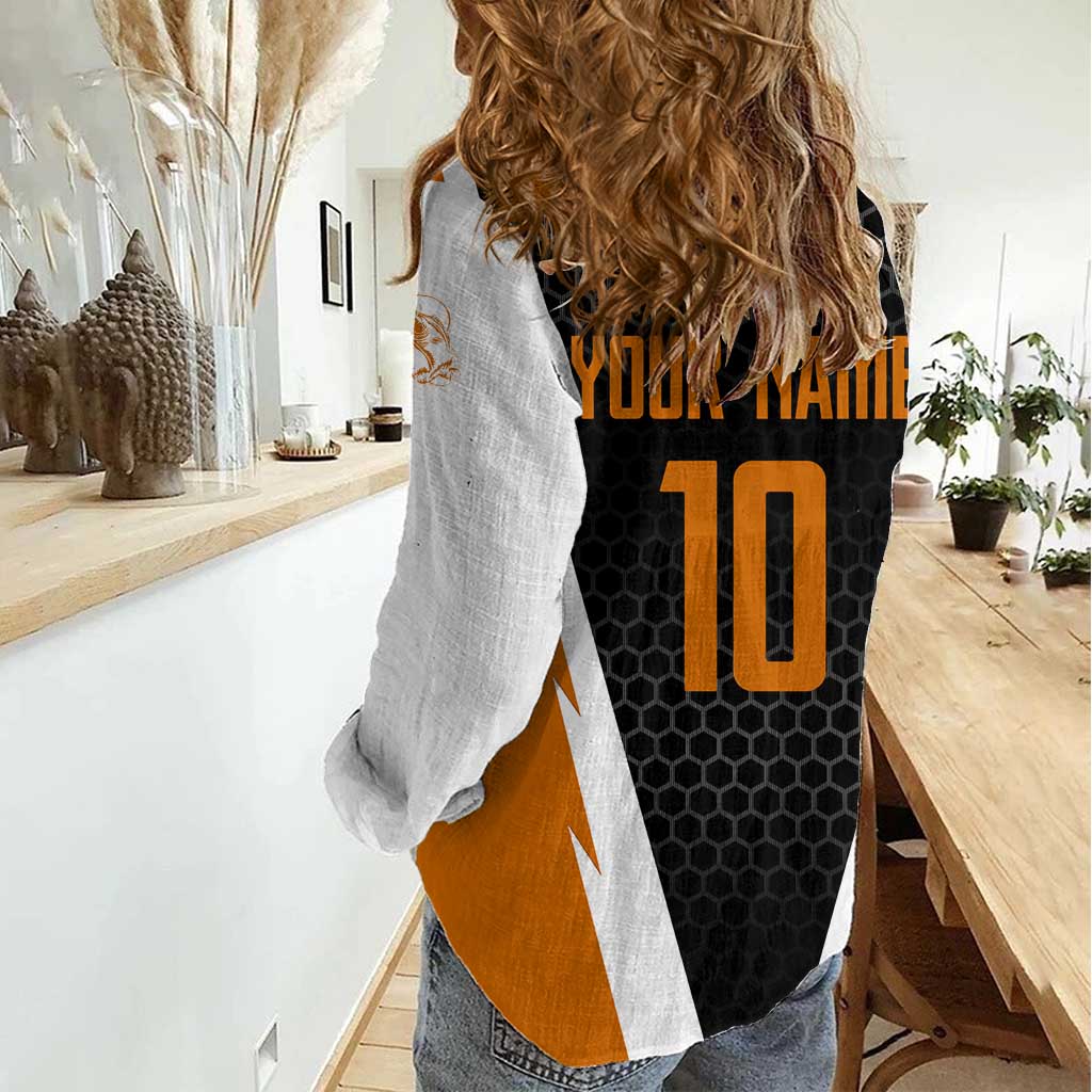 Bass Fishing Women Casual Shirt Jumping Largemouth Fish on Black Hex Pattern and Orange White Lightning Accents - Wonder Print Shop