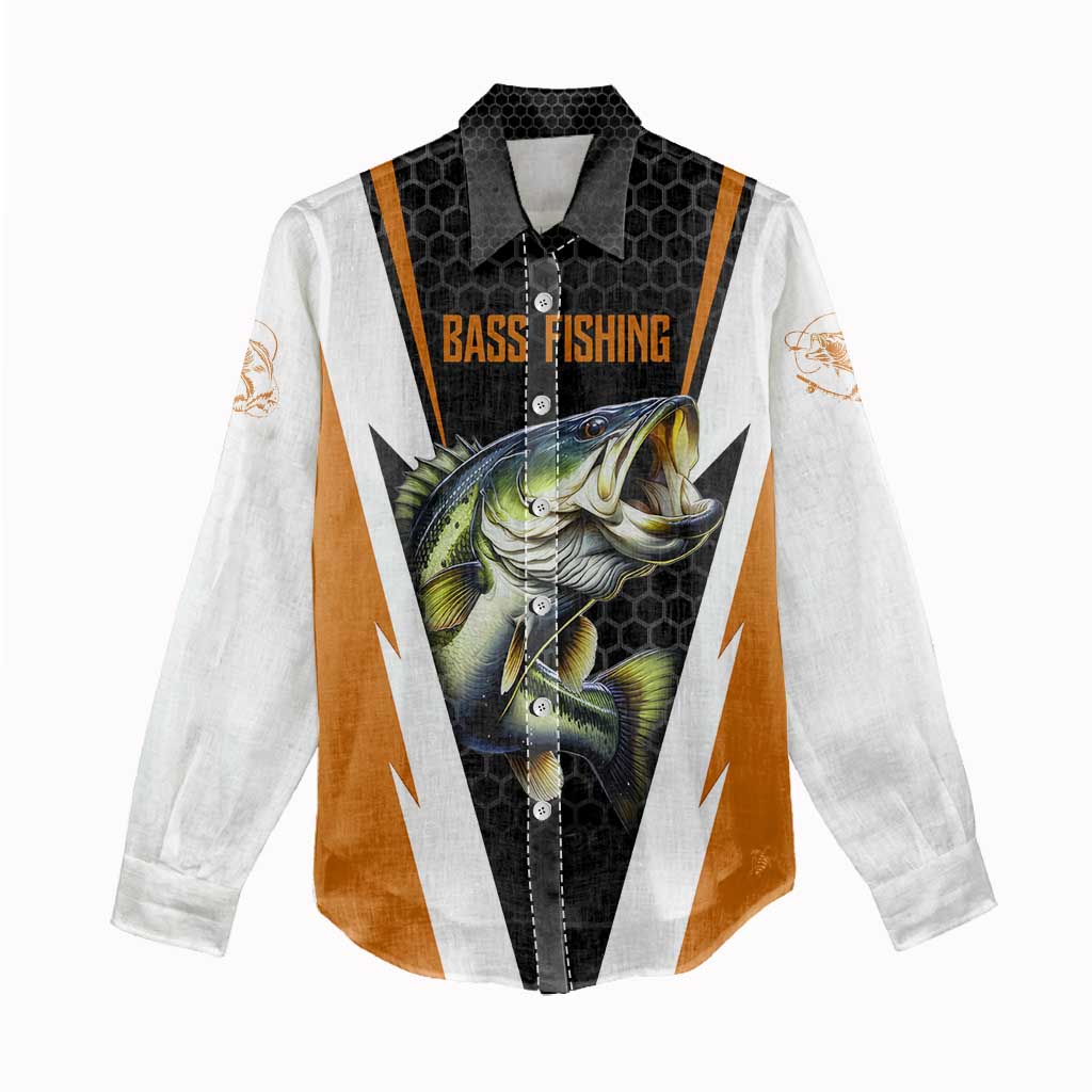 Bass Fishing Women Casual Shirt Jumping Largemouth Fish on Black Hex Pattern and Orange White Lightning Accents - Wonder Print Shop