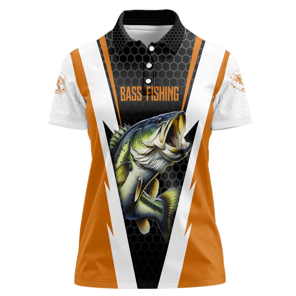Bass Fishing Women Polo Shirt Jumping Largemouth Fish on Black Hex Pattern and Orange White Lightning Accents - Wonder Print Shop