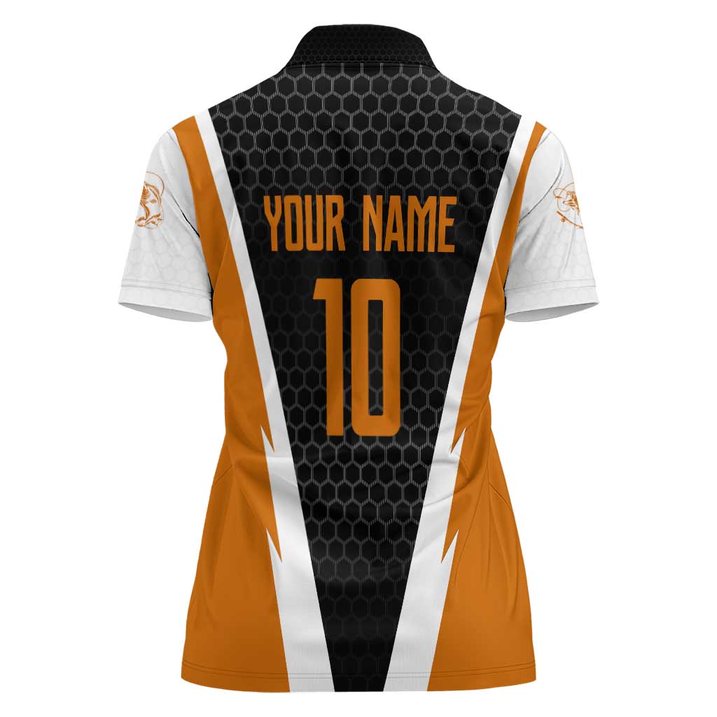 Bass Fishing Women Polo Shirt Jumping Largemouth Fish on Black Hex Pattern and Orange White Lightning Accents - Wonder Print Shop