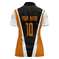 Bass Fishing Women Polo Shirt Jumping Largemouth Fish on Black Hex Pattern and Orange White Lightning Accents - Wonder Print Shop