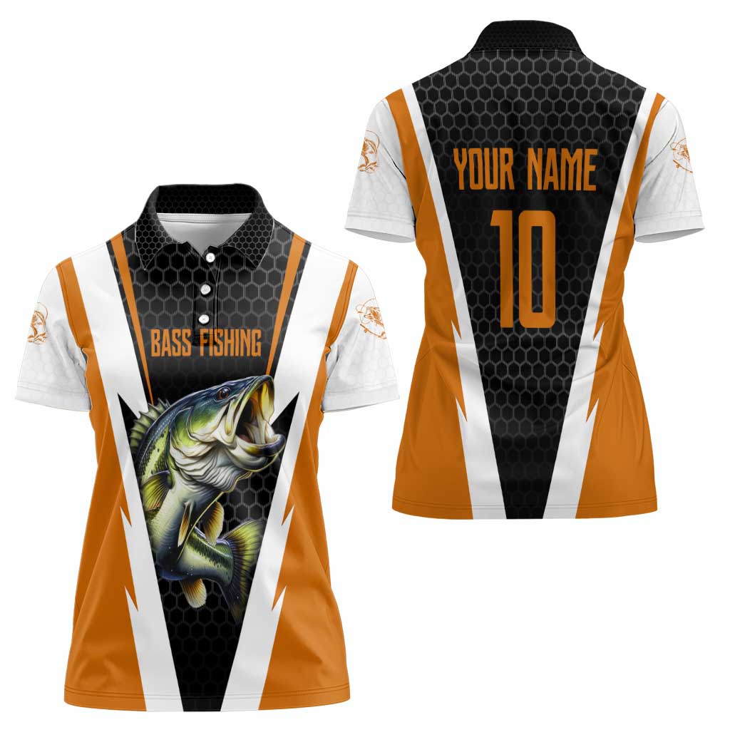 Bass Fishing Women Polo Shirt Jumping Largemouth Fish on Black Hex Pattern and Orange White Lightning Accents - Wonder Print Shop