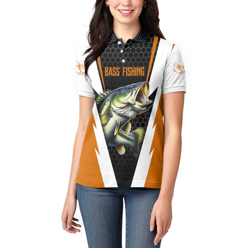Bass Fishing Women Polo Shirt Jumping Largemouth Fish on Black Hex Pattern and Orange White Lightning Accents - Wonder Print Shop