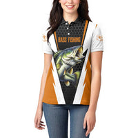 Bass Fishing Women Polo Shirt Jumping Largemouth Fish on Black Hex Pattern and Orange White Lightning Accents - Wonder Print Shop