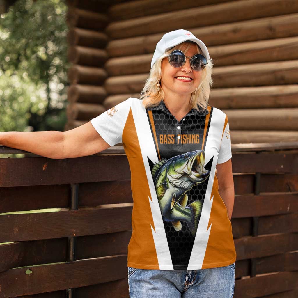 Bass Fishing Women Polo Shirt Jumping Largemouth Fish on Black Hex Pattern and Orange White Lightning Accents - Wonder Print Shop