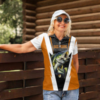 Bass Fishing Women Polo Shirt Jumping Largemouth Fish on Black Hex Pattern and Orange White Lightning Accents - Wonder Print Shop
