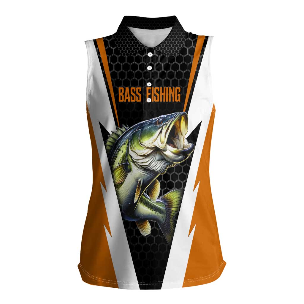 Bass Fishing Women Sleeveless Polo Shirt Jumping Largemouth Fish on Black Hex Pattern and Orange White Lightning Accents - Wonder Print Shop