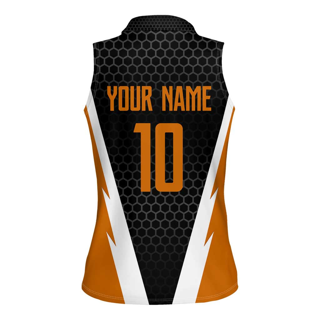 Bass Fishing Women Sleeveless Polo Shirt Jumping Largemouth Fish on Black Hex Pattern and Orange White Lightning Accents - Wonder Print Shop