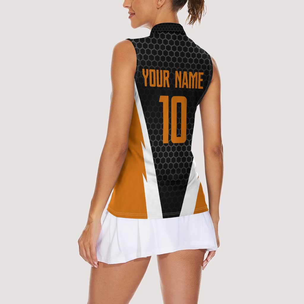 Bass Fishing Women Sleeveless Polo Shirt Jumping Largemouth Fish on Black Hex Pattern and Orange White Lightning Accents - Wonder Print Shop