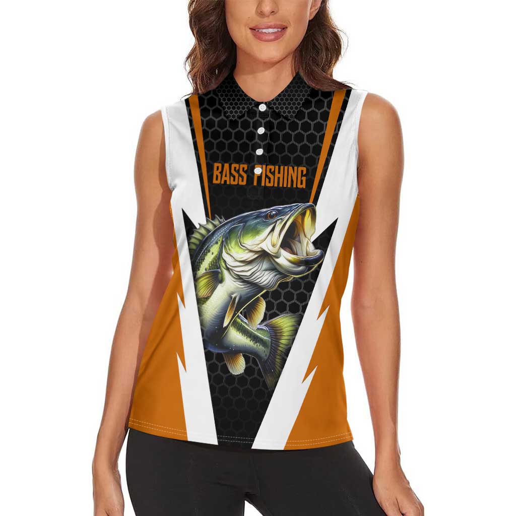 Bass Fishing Women Sleeveless Polo Shirt Jumping Largemouth Fish on Black Hex Pattern and Orange White Lightning Accents - Wonder Print Shop