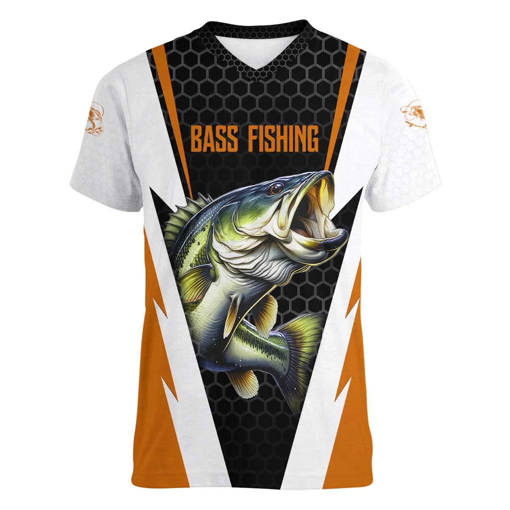 Bass Fishing Women V-Neck T-Shirt Jumping Largemouth Fish on Black Hex Pattern and Orange White Lightning Accents - Wonder Print Shop